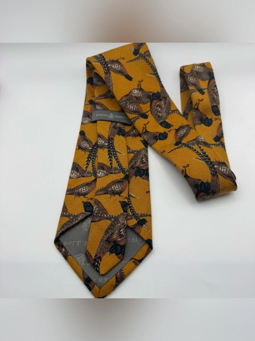 Vintage Robert Talbott Pheasant Necktie Mustard Gold Silk Wool Blend Hunting USA